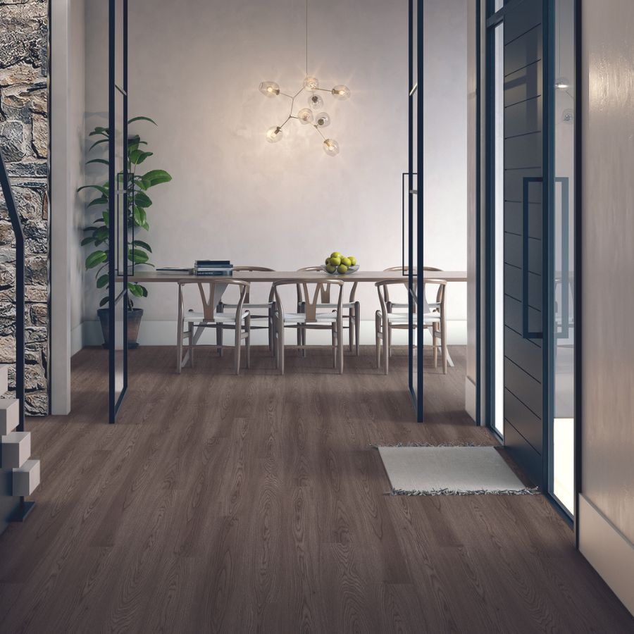 dark wood laminate flooring in hallway in dining room space